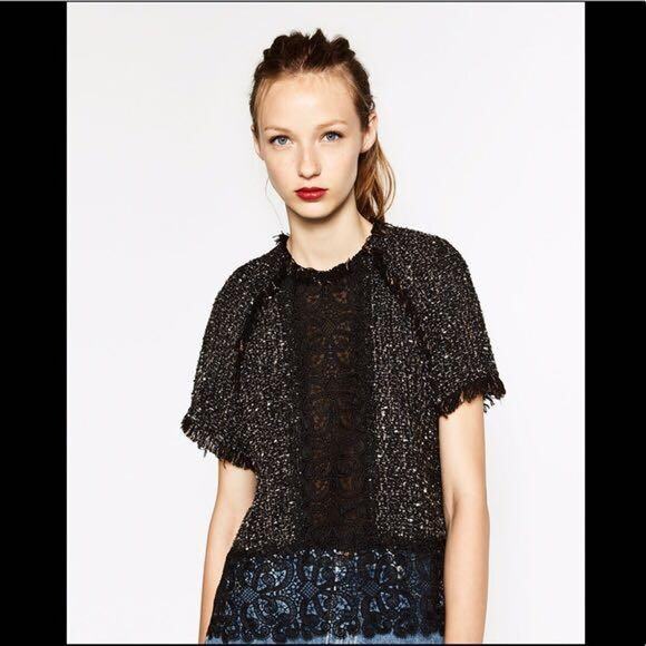 Zara speckled tweed raw edge lace detail top size Large - Picture 1 of 14